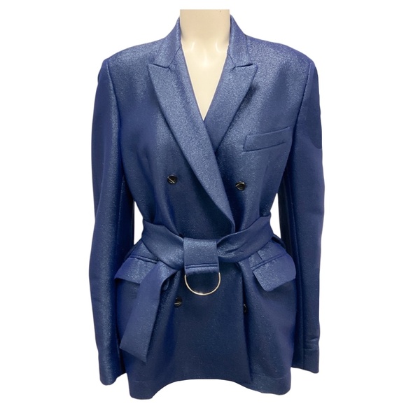 RACHEL COMEY BLUE SPARKLE BLAZER WITH ATTACHED WIDE BELT
